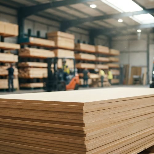 Warehouse with plywood stacked on top of each other on a pallet, a warehouse for finished goods for shipment to customers, the concept of wooden manufacturing
